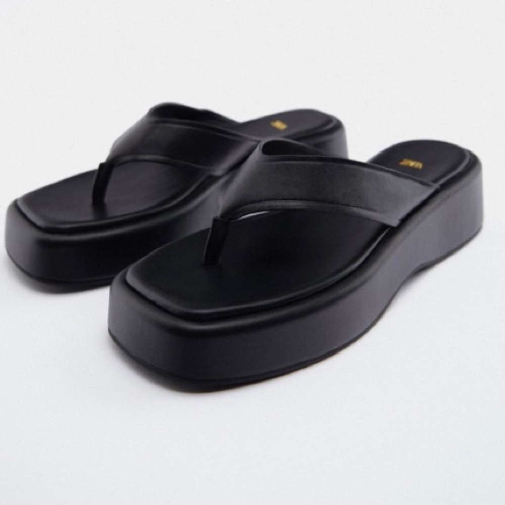 ZARA FLAT LEATHER SANDAL BLACK